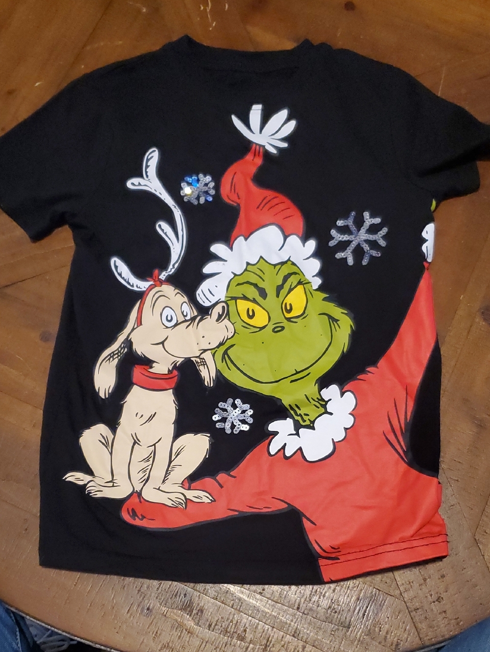 Dr. Seuss Black Kids Tee with Grinch, Max & Red Santa Hat Accents
